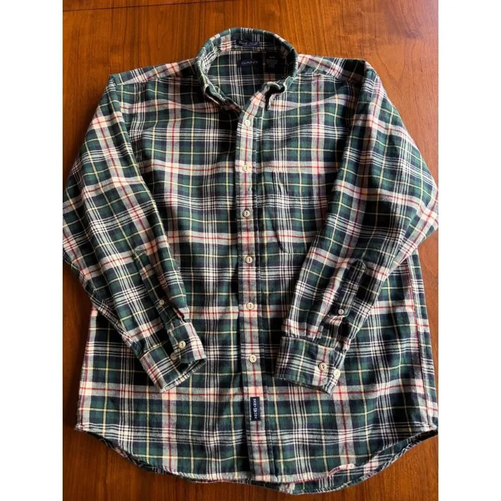 Gant Mens Brush Twill Plaid Flannel Button-Down Shirt Green & Red - Size M